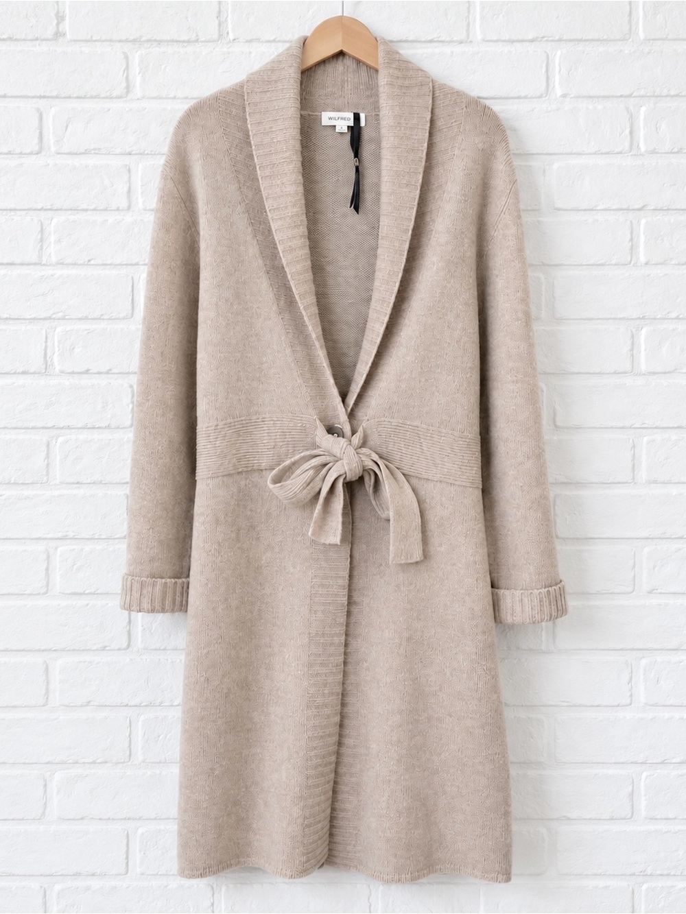 REPEAT Wool Cashmere Long Cardigan L Oatmeal Belted Shawl Collar Quiet Luxury